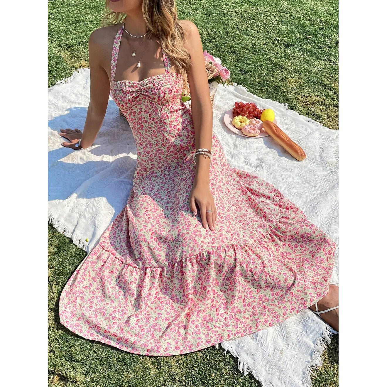 Print Sleeveless Bust Pleating Backless Waist Dresses