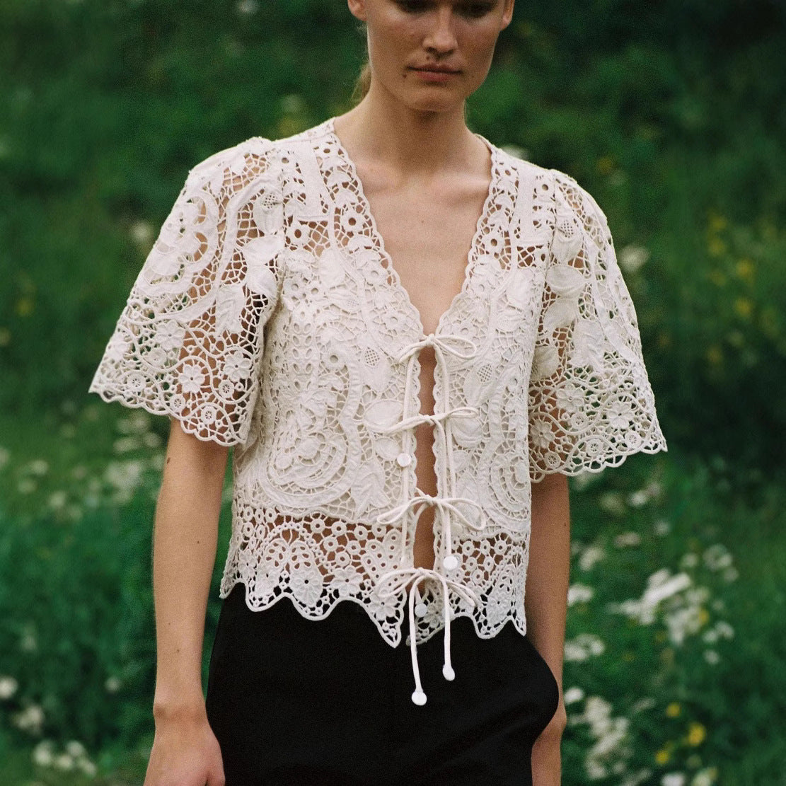 Hollow Lace Embroidered Flounce Trim Up Blouses