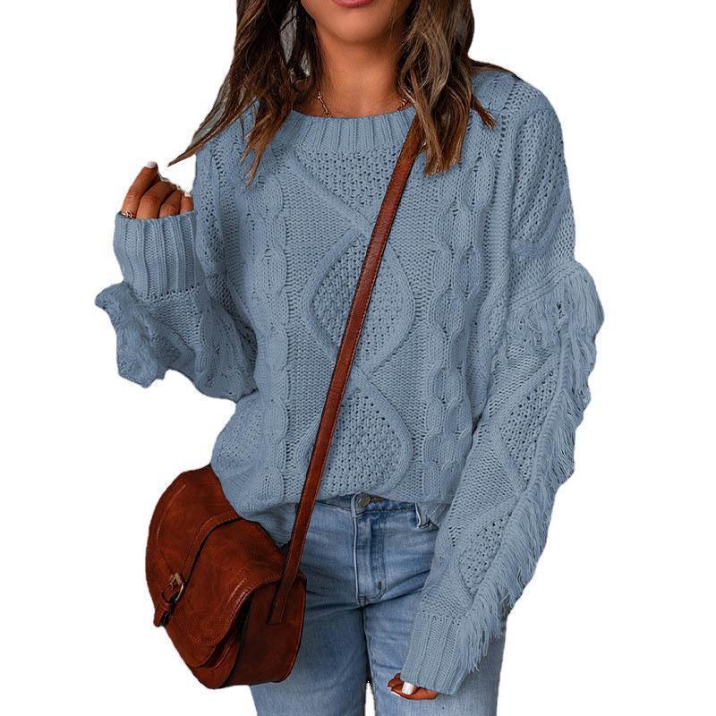 Women's Rhombus Tassel Solid Color Pullover Round Neck Sweater