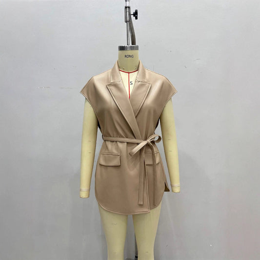 Fashion Tailored Collar Leather High-grade Sleeveless Vests