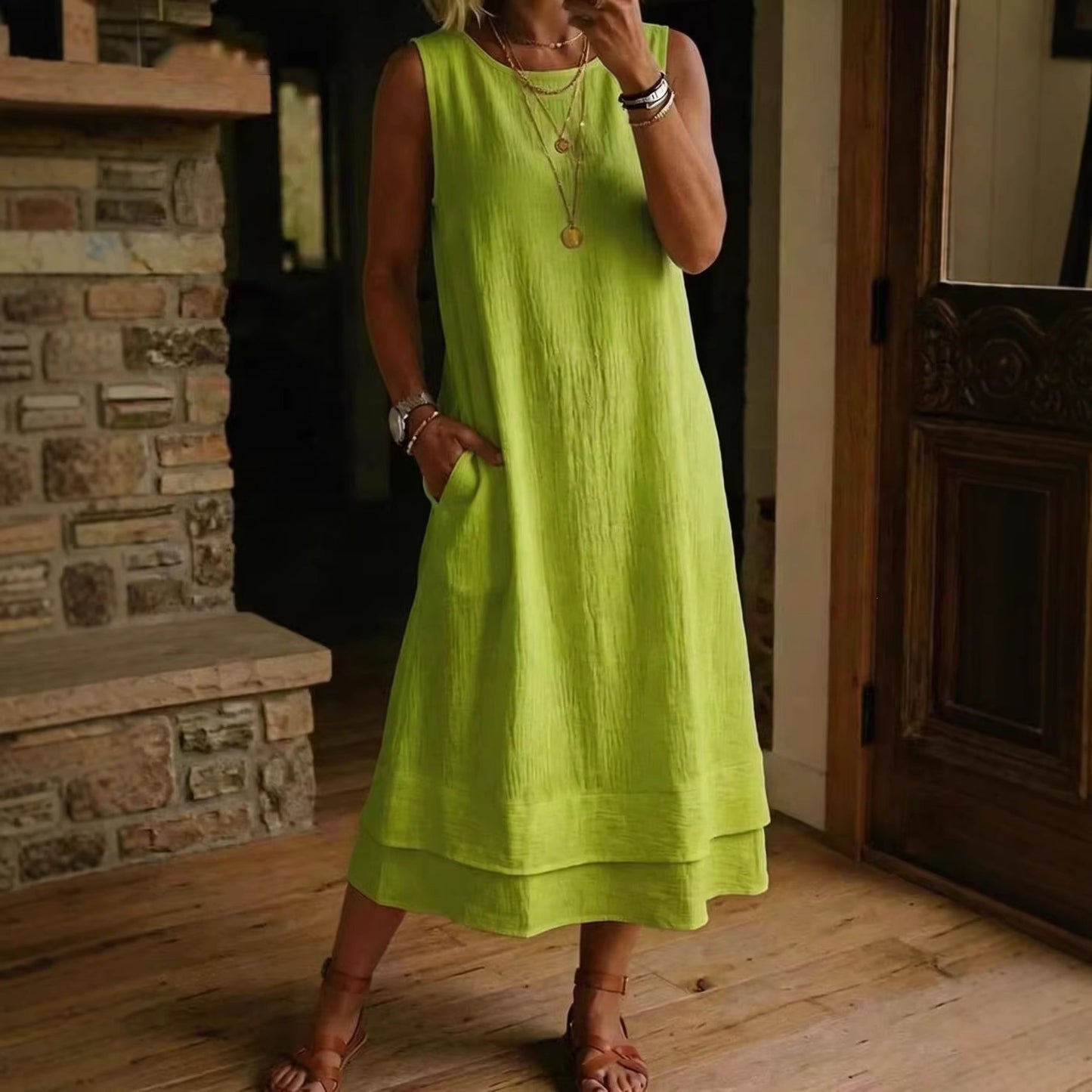 Fashion Casual Round Neck Pocket Long Solid Dress
