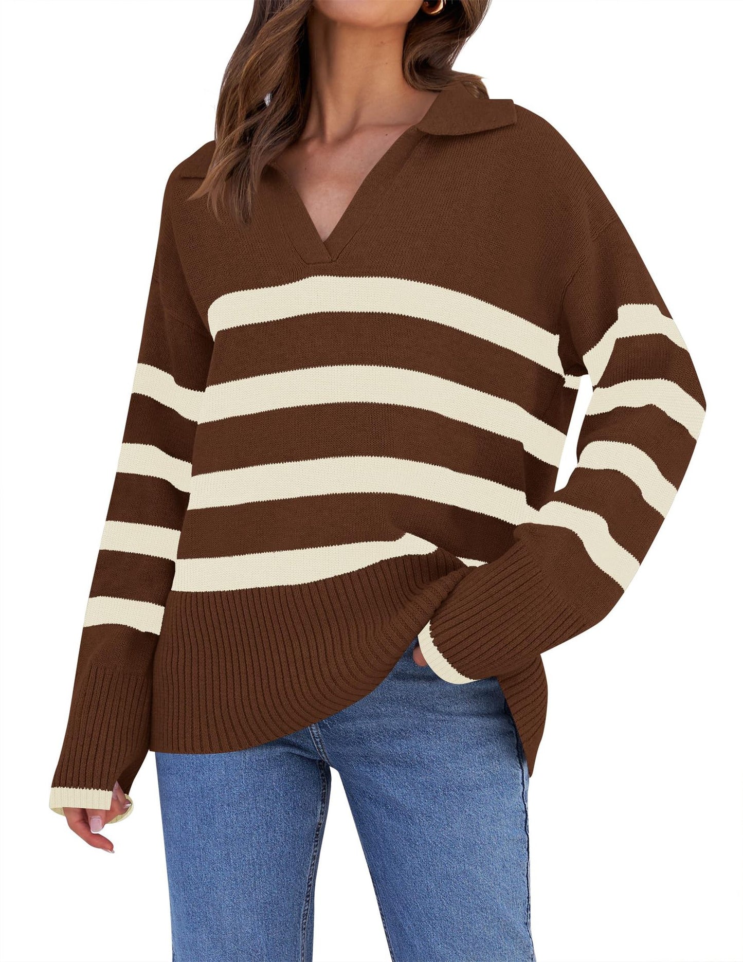 Women's Basic Loose Long Sleeve Outerwear Striped Polo Collar Sweater