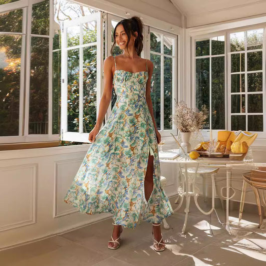 Summer Floral Print Hem Slit Backless Dresses