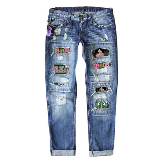 Women's For Ripped Print Lining Stickers Casual Jeans