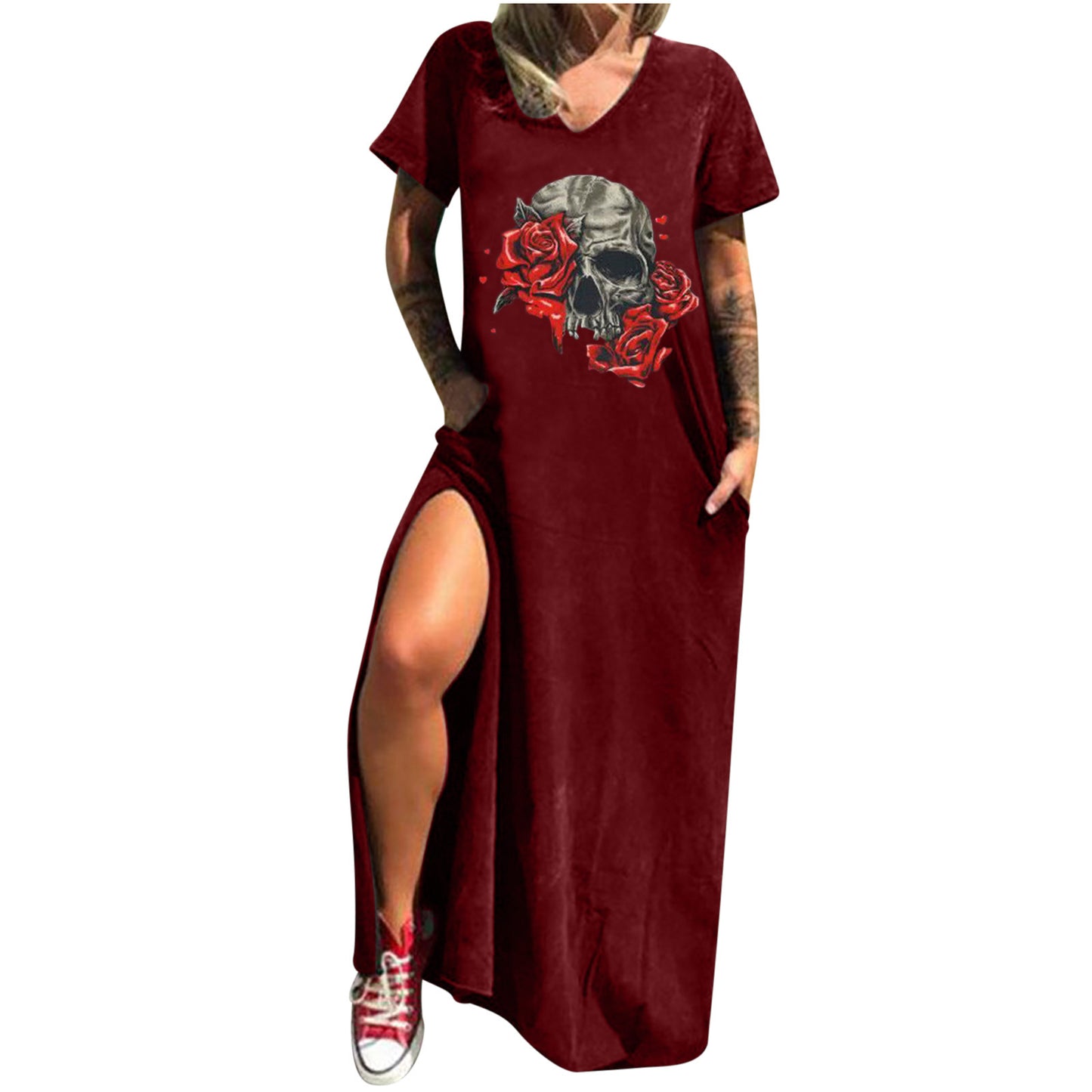 Skull Print Street Fashion Sleeve Slit Shorts