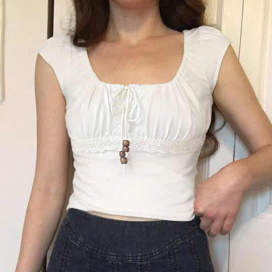 Style Beaded Drawstring Lace Stitching Sweet Pleated Blouses