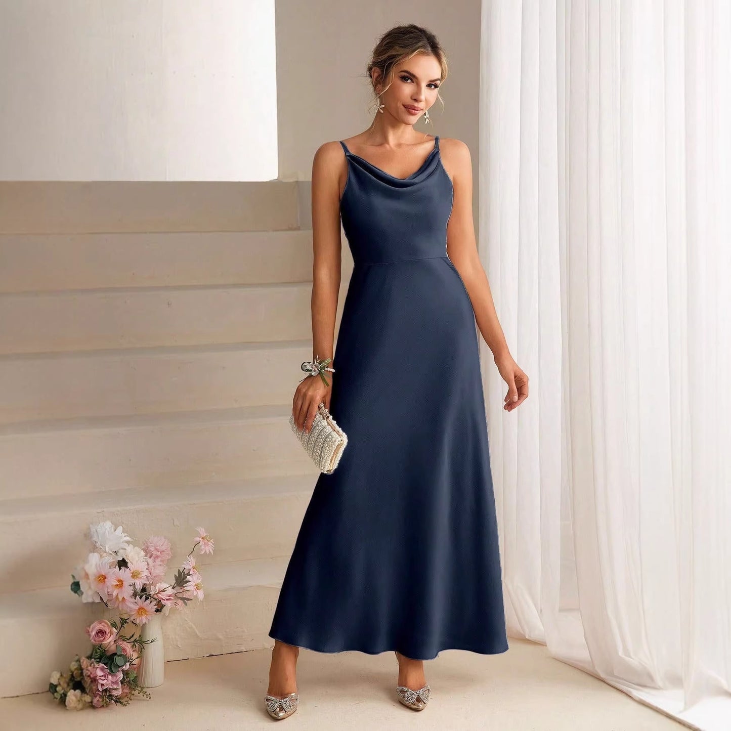 Solid Color Sling Bridesmaid Long Slim Fit Slimming Formal Dress