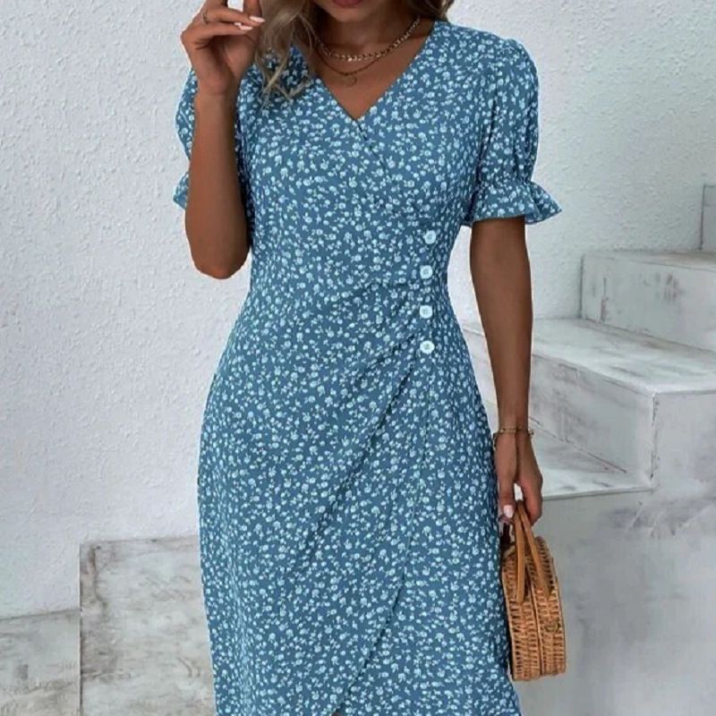 Women's Collar Floral Hem Irregular Pattern Print Dress