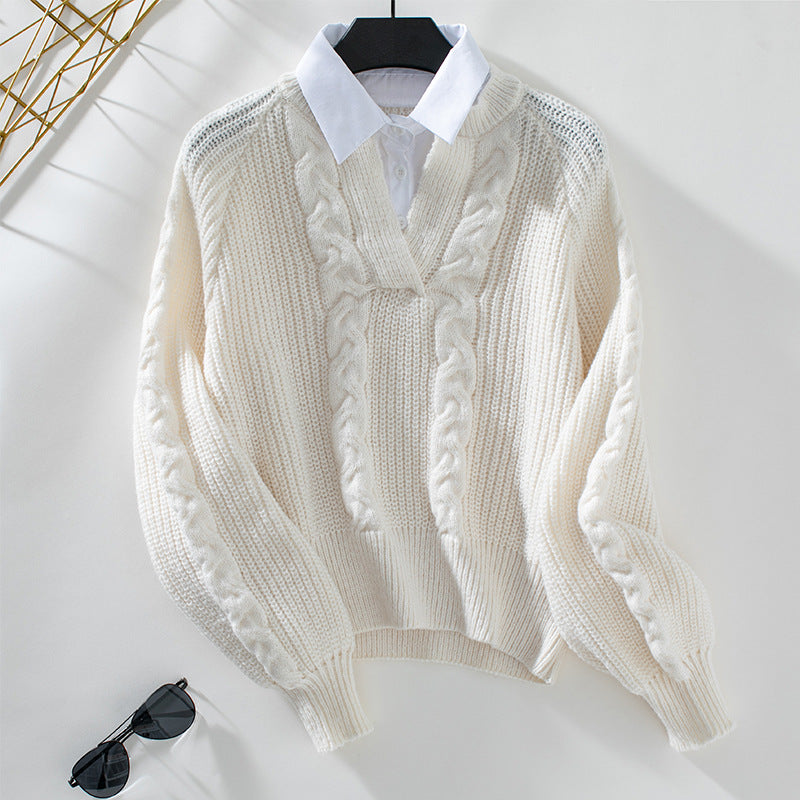 Women's Casual Shirt Collar Stitching Faux Two-piece Sweater