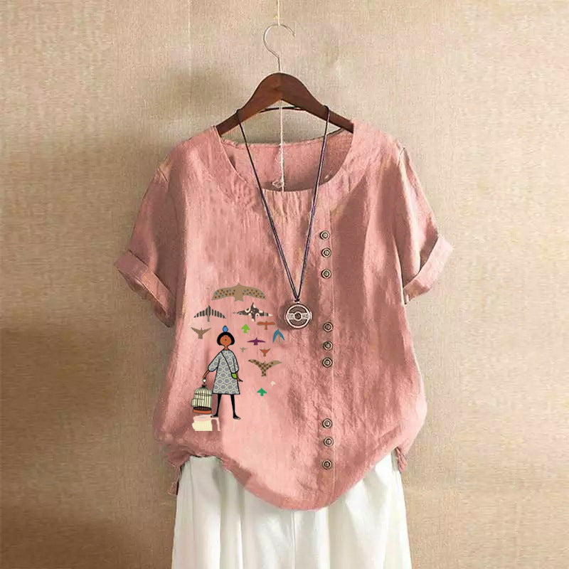 Women's Retro Cotton Linen Printed Casual Shirt Blouses