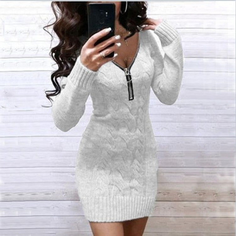 Women's Zipper Long Sleeve Undershirt Mid-length Dress Sweater