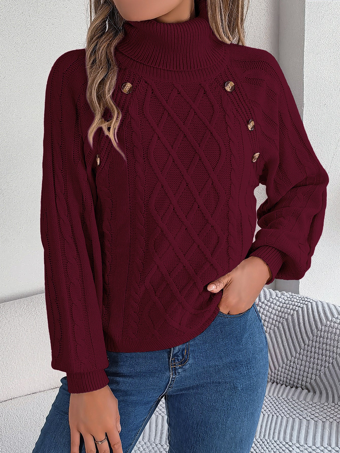 Women's Leisure Solid Color Buttons Turtleneck Lantern Sleeve Sweater