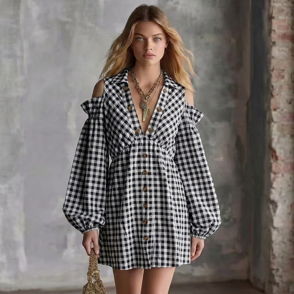 Autumn Color Contrast Patchwork Retro Lantern Sleeve Dress