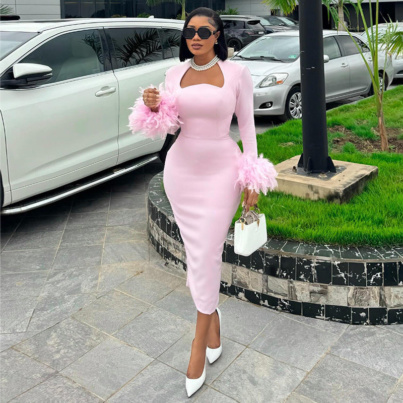 Women's Long Sleeve Feather Decoration High Waist Dresses