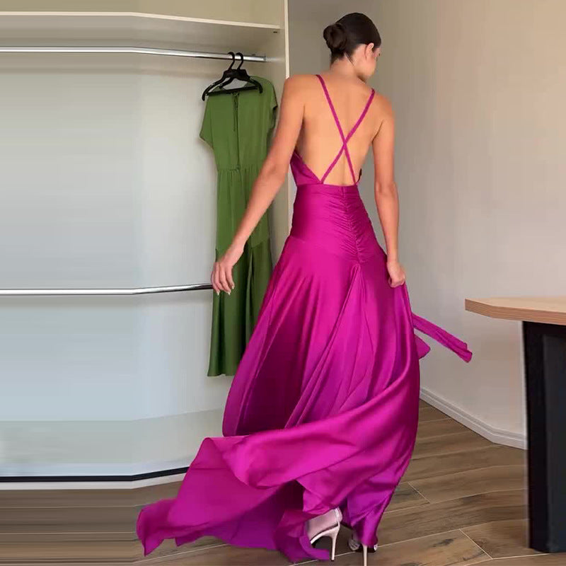 Women's Summer Backless Waist Trimming Rose Red Dresses