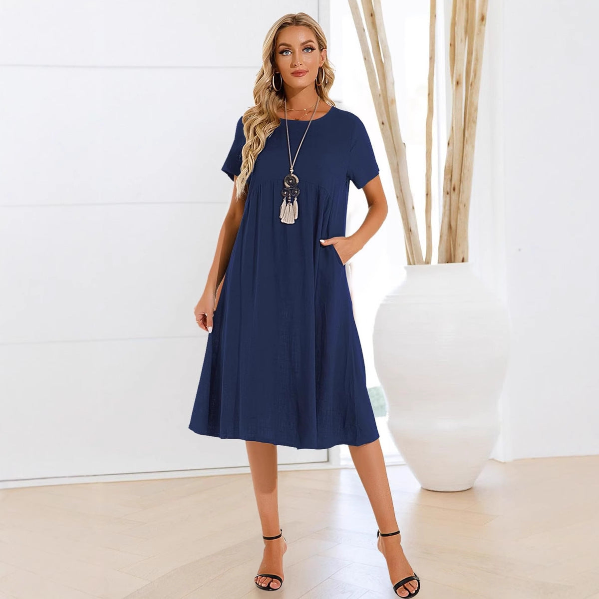 Neck Sleeve Large Casual Loose Long Solid Color Cotton Dresses