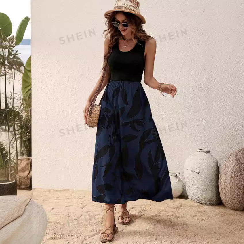 Summer Printed Round Neck Contrast Color Dress