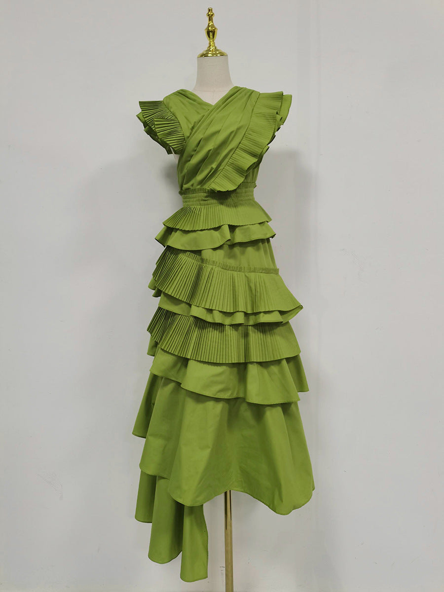 Women's Elegant Wooden Ear Stitching High-grade Collar Cross Long Dresses