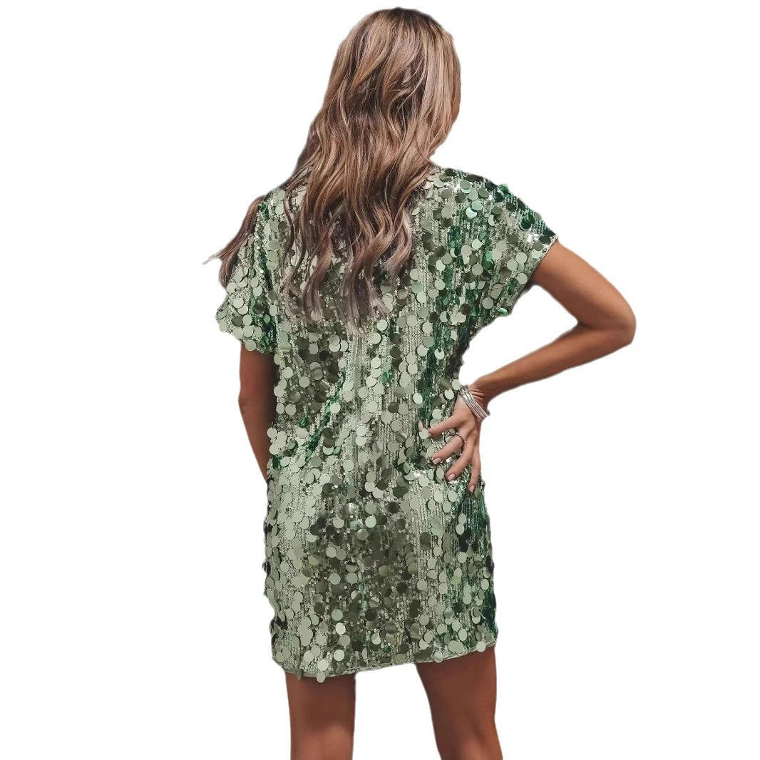 Women's Round Neck Long Sleeve Sexy Sequined Dresses