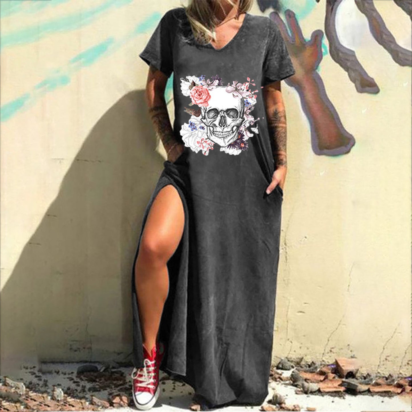 Skull Print Street Fashion Sleeve Slit Shorts