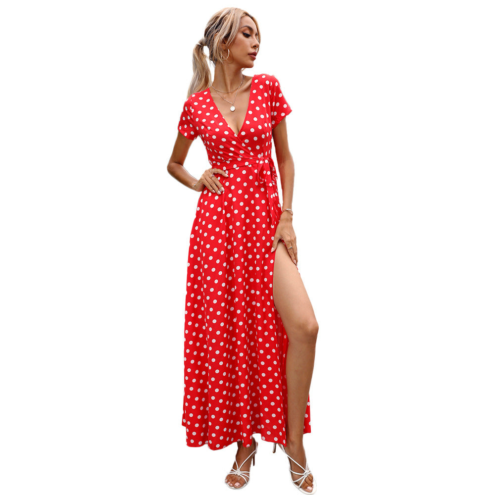 Women's Summer Waist Trimming Short-sleeved Polka Dot Dresses