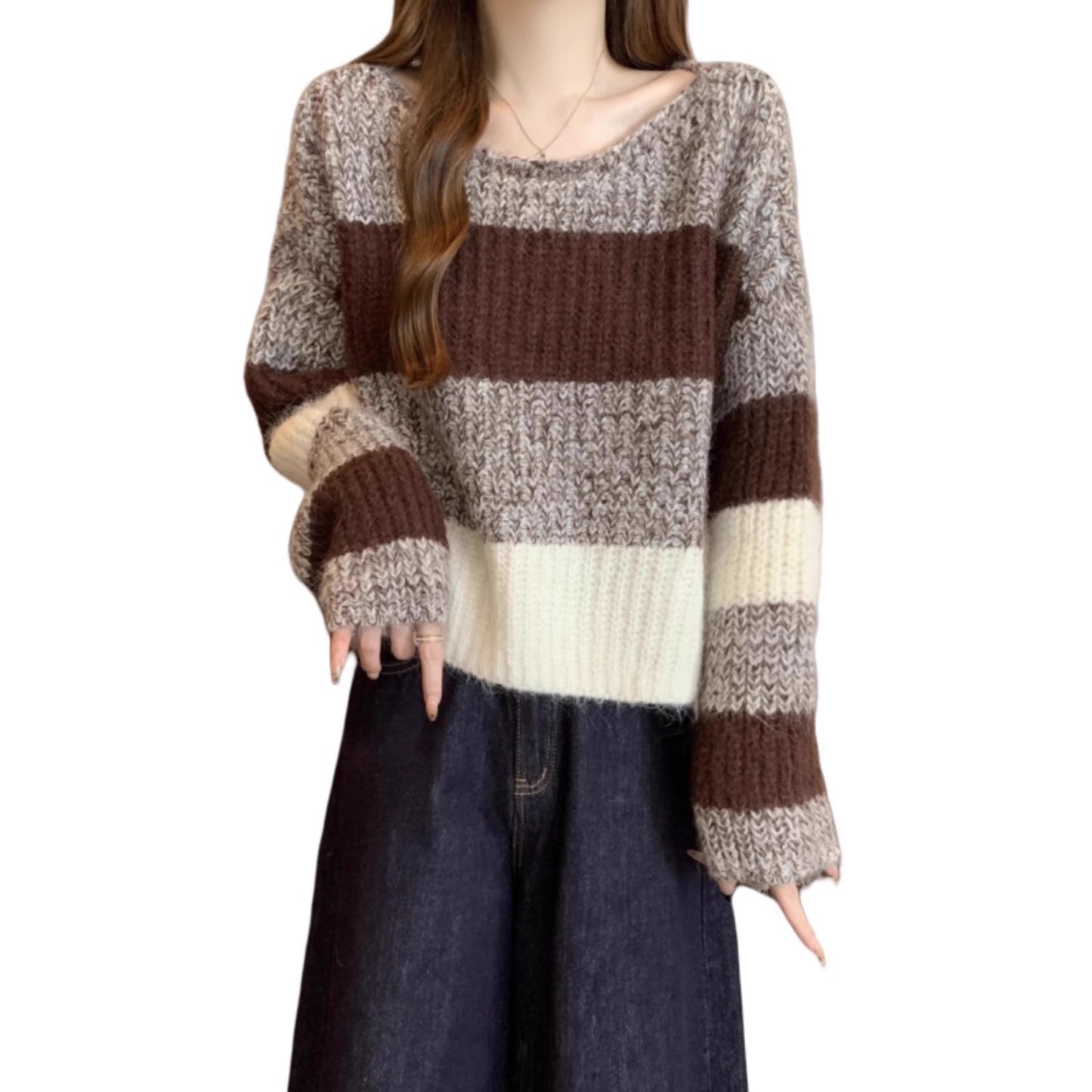 Women's Korean Style Gentle Gradient Striped Thick Needle Loose Sweaters