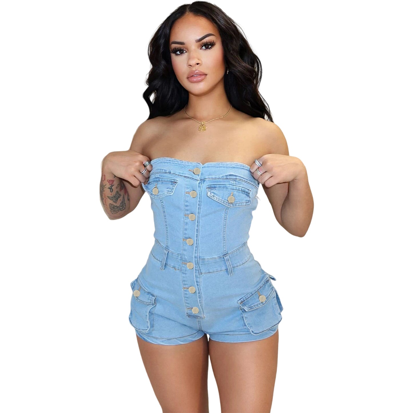 Women's Glamorous Summer Tube Stretch Denim Suits