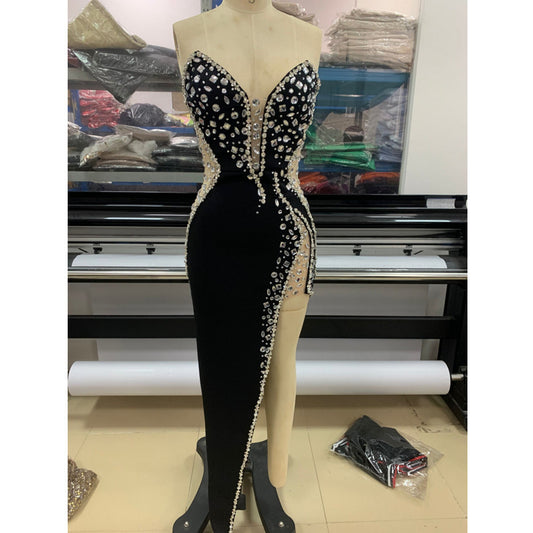 Luxury Rhinestone Beaded Sexy High Split Tube Dresses