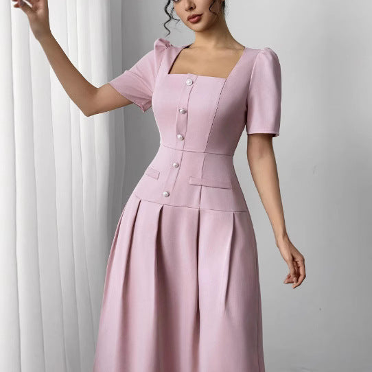 Women's Long Summer Simple Temperament Slimming Square Collar Puff Dress