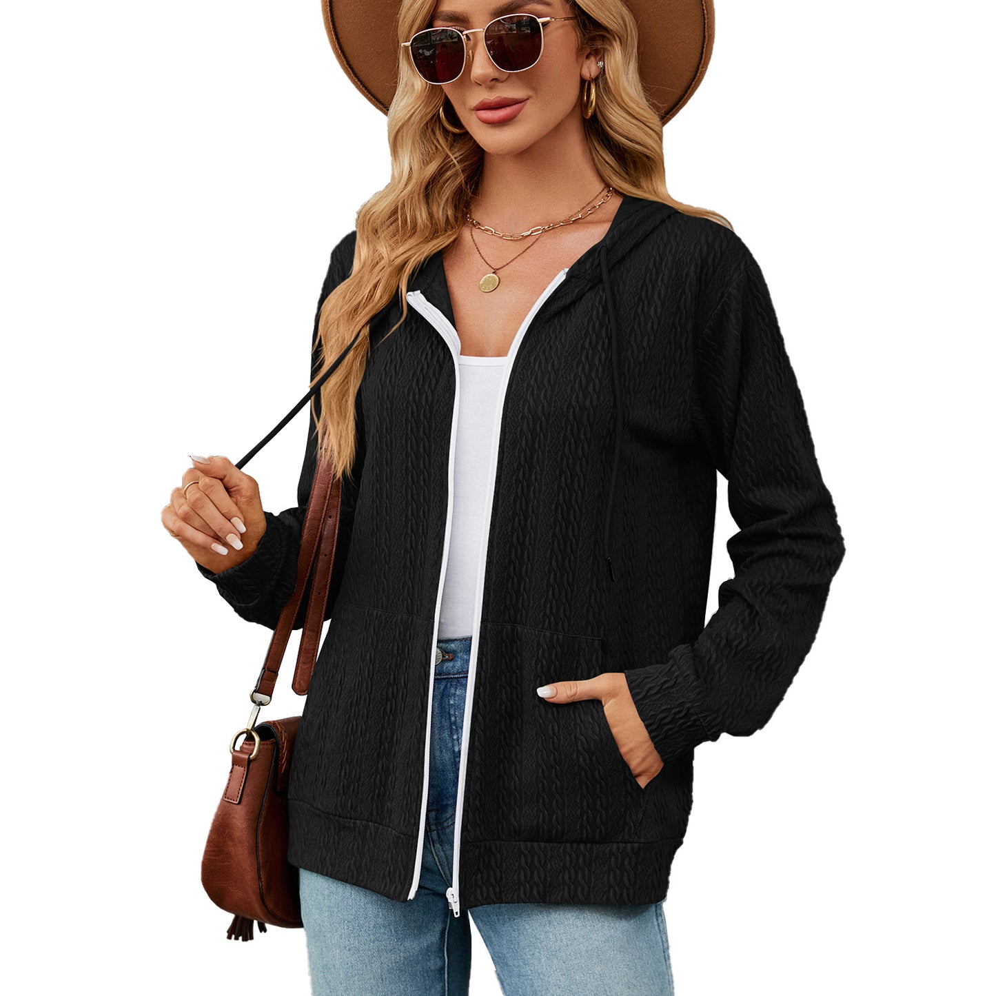 Women's Loose Long Sleeve Hooded Zip Pocket Cardigans