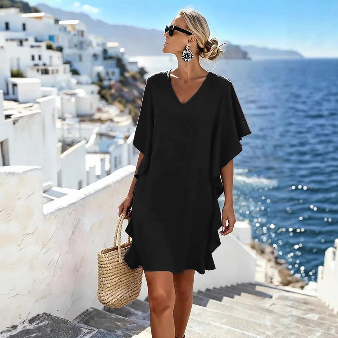 Women's Summer Solid Color Loose Lotus Leaf Dress