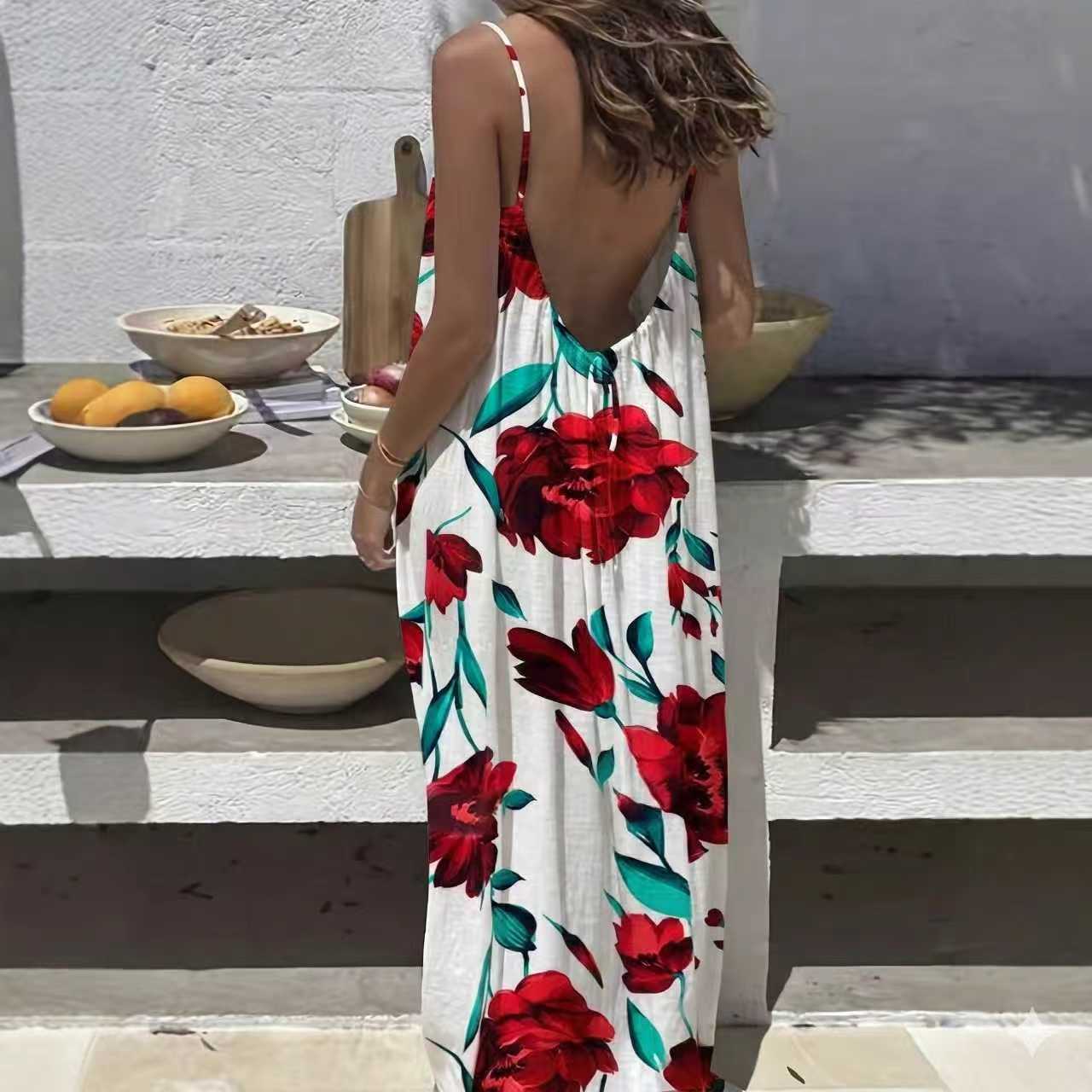 Backless Print Long Summer Vacation Style Dress