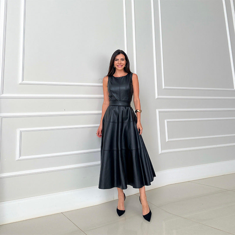 Spring Sleeveless Leather Elegant Waist Solid Dresses