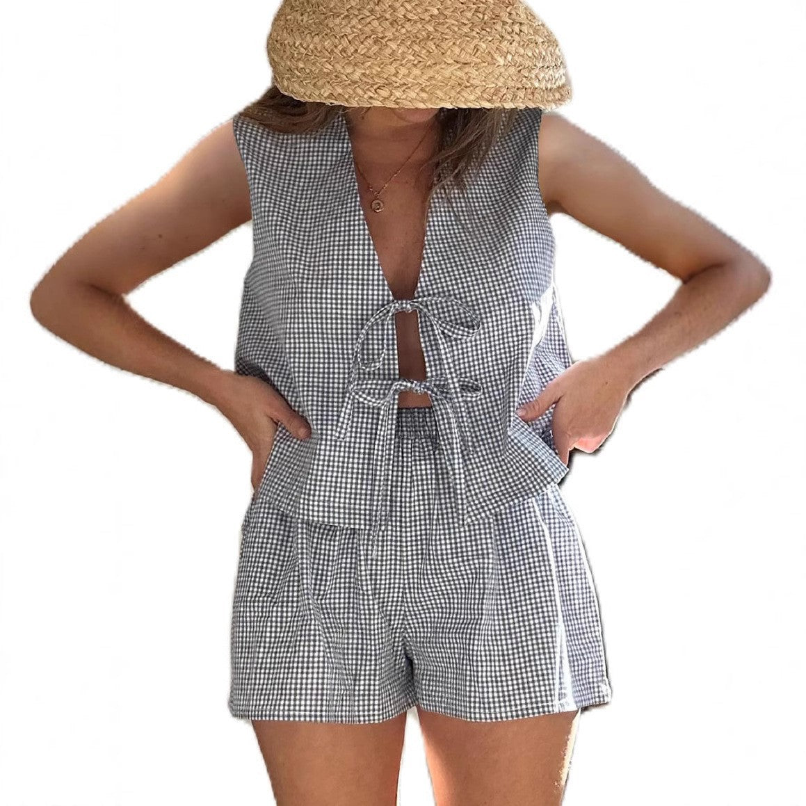 Women's Summer Vacation Style Plaid Drawstring Two-piece Fashion Casual Suit