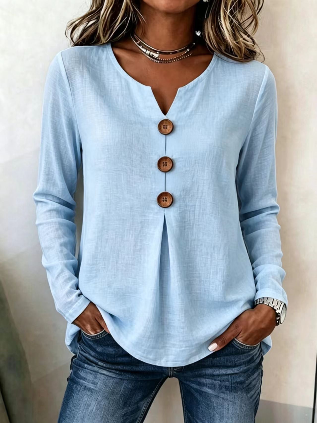 Women's Autumn Loose Solid Color Button Pleating Tops