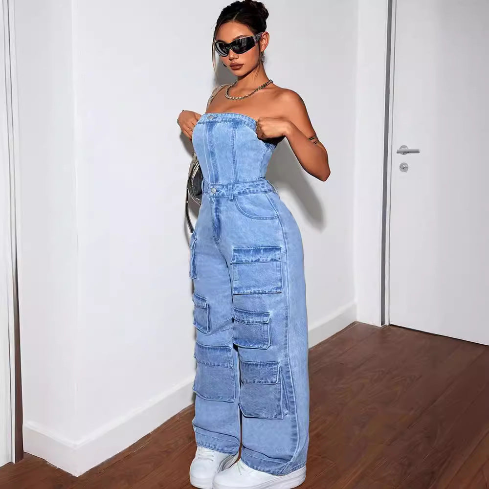 Women's Denim Fashion Hot Tube Cargo Jumpsuits
