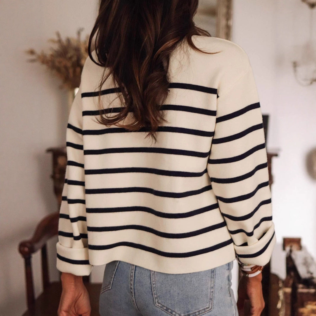 Women's Black White Striped Button Knitted Casual Sweaters