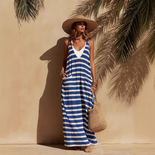 Sailing Style Blue White Striped Imitation Dress