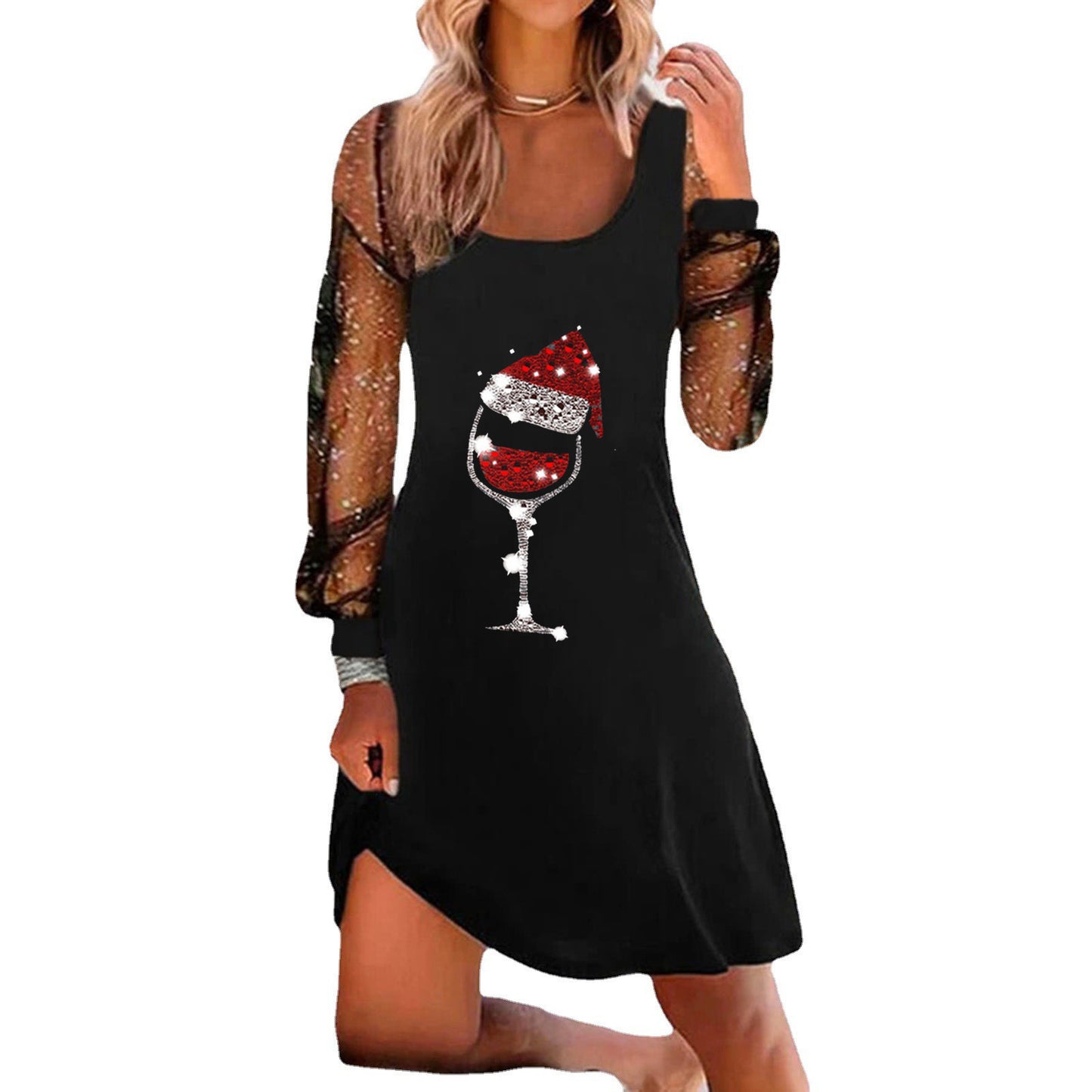 Women's Autumn Christmas Wine Glass Printed Pullover Long Clothing