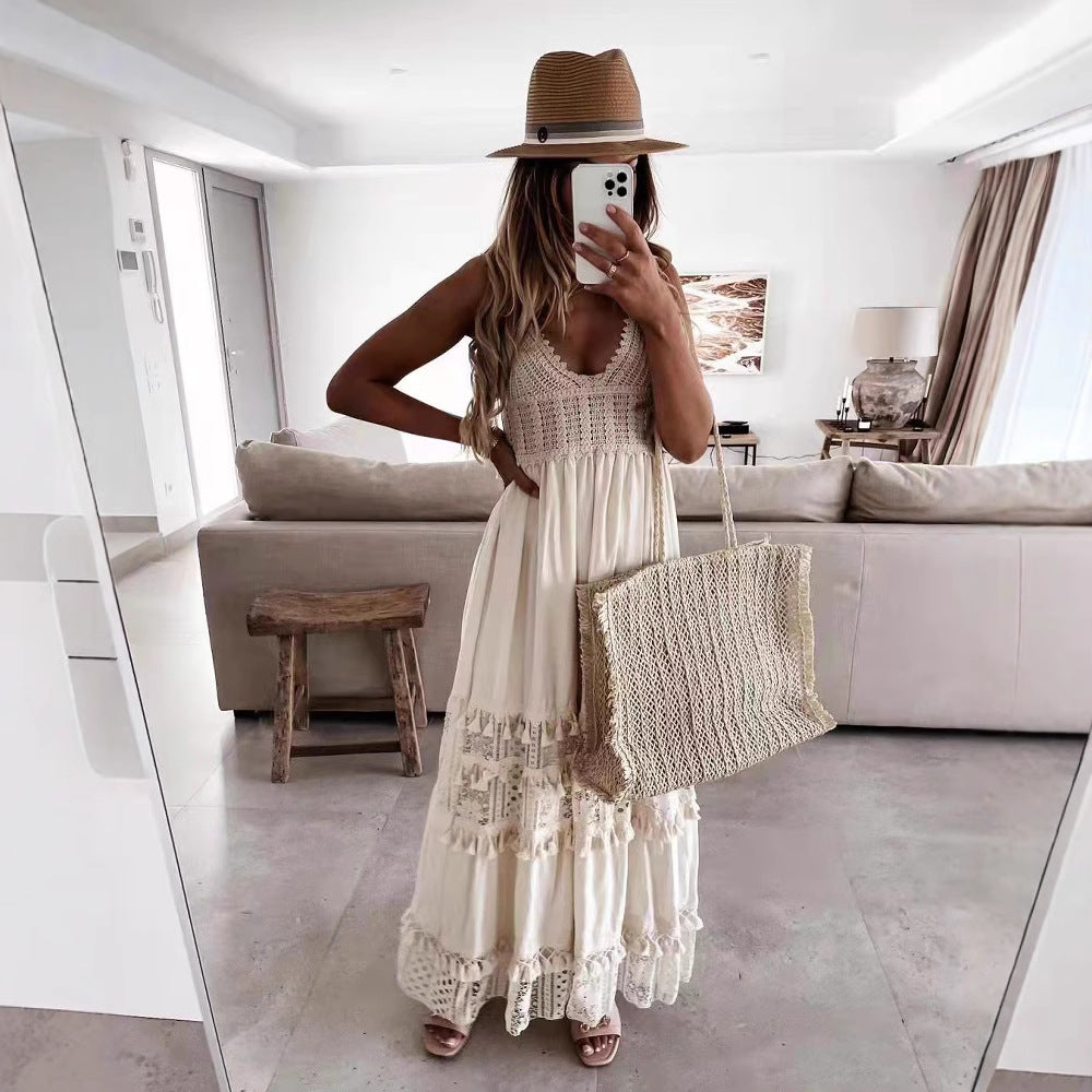 Women's Dress Casual Lace Stitching Sleeveless Long Dresses