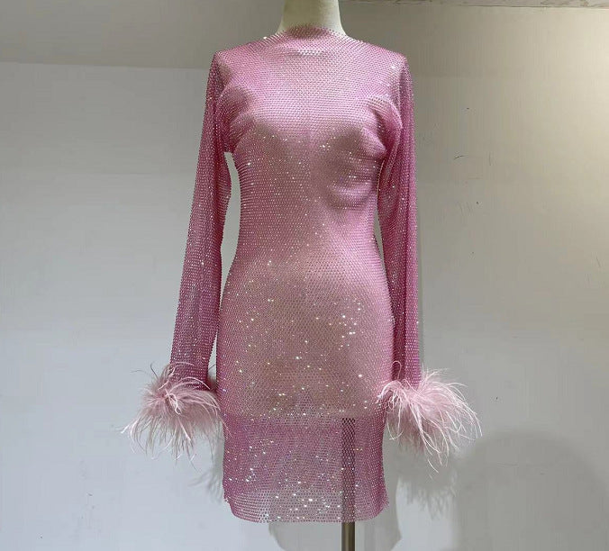 Fashion Luxury Hollow Mesh Ostrich Feather Slimming Bottoming Dress