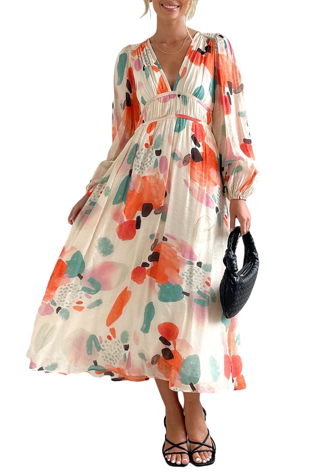 Women's Style Deep V Printed High Waist Casual Long Dresses
