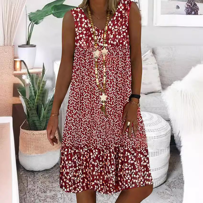 Women's Summer Small Floral Print Sleeveless Ladies Dress