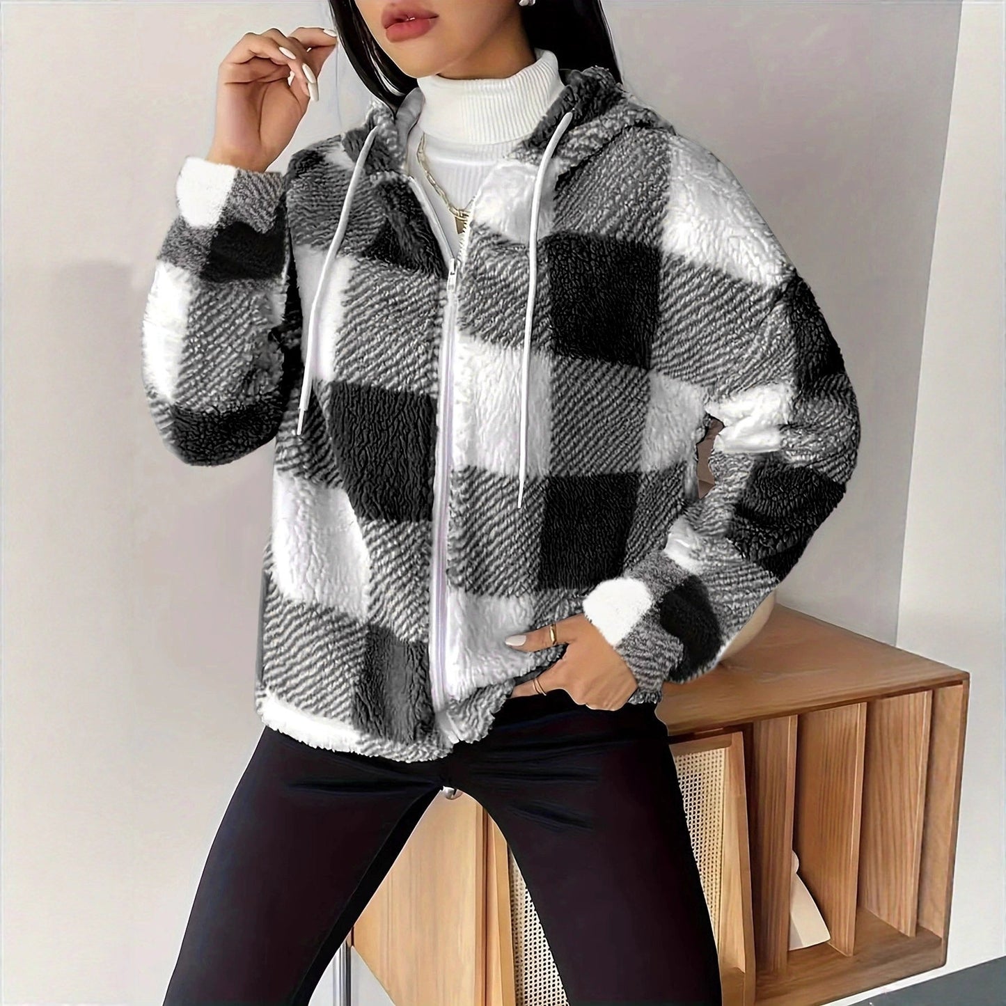 Women's Plaid Loose Casual Hooded Zipper Plush Jackets