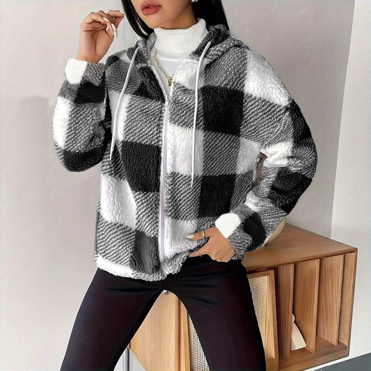 Women's Plaid Loose Casual Hooded Zipper Plush Jackets