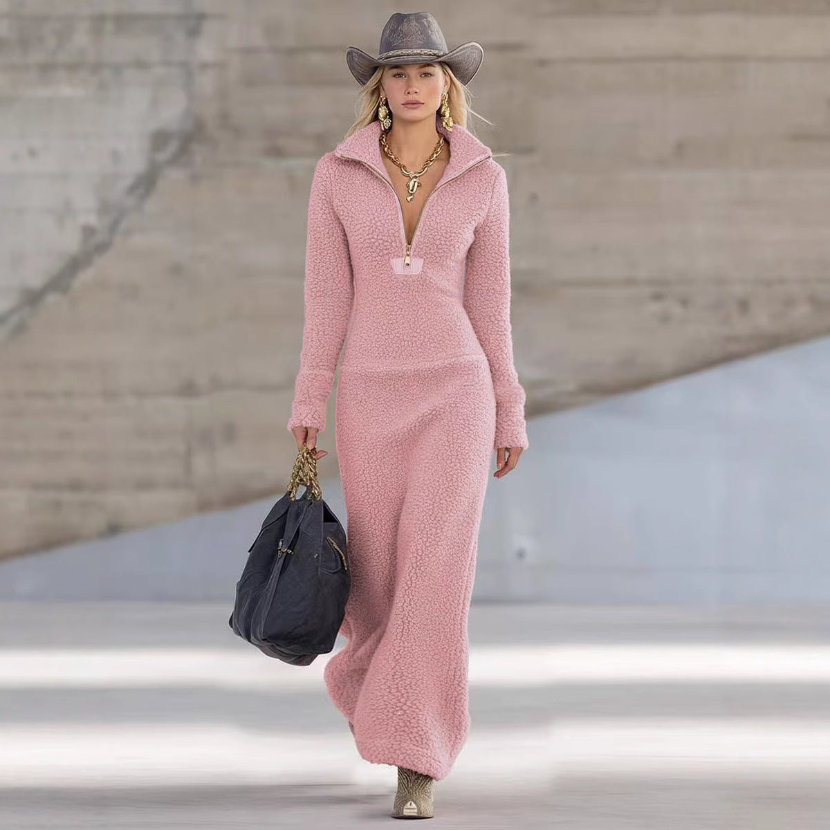Women's Fleece Zipper Collar Slim Long Female Dress