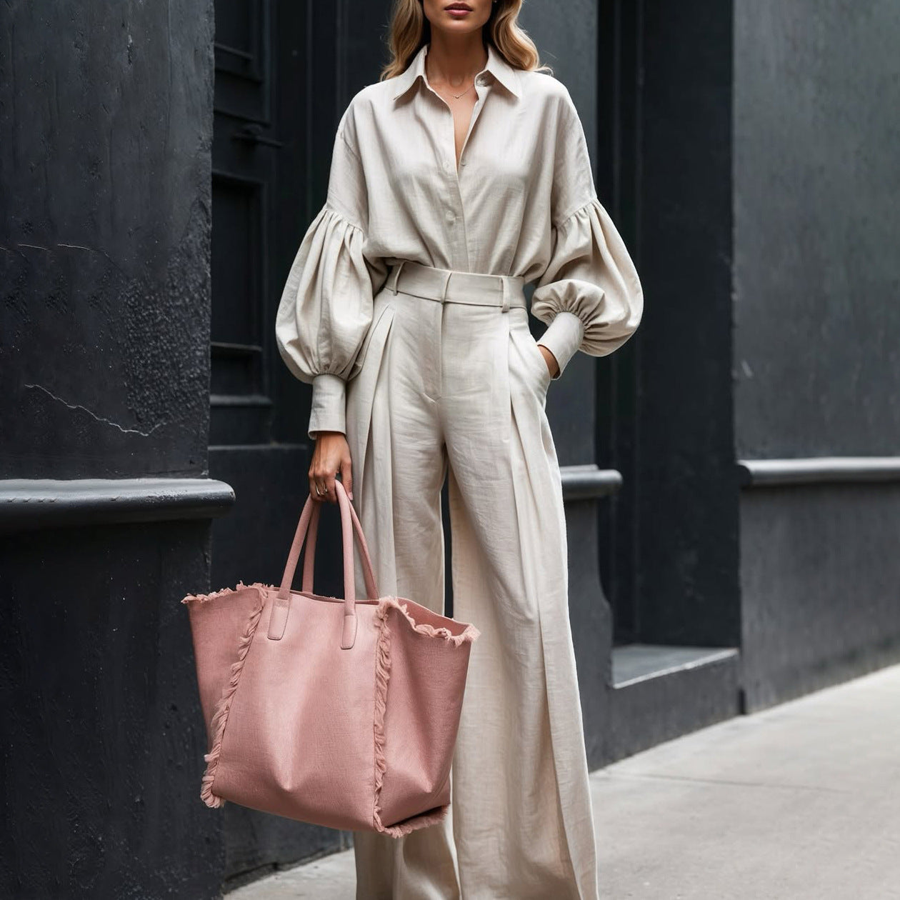 Solid Color Long Sleeve Shirt Wide Leg Cotton Fashion Casual Suit