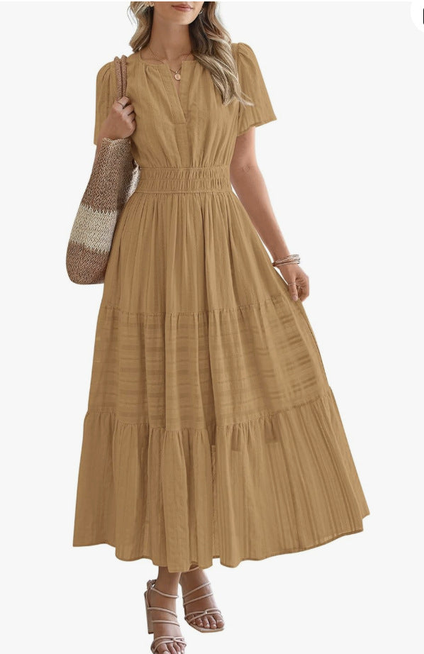 Women's Fashion Pleated Puff Sleeve Layered Large Dress