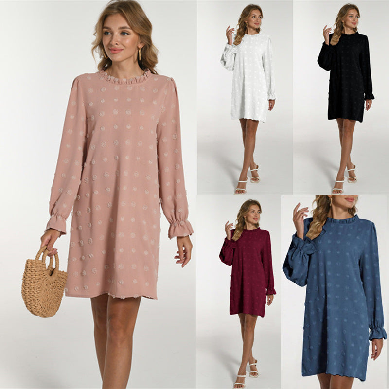 Women's Bubble Embroidered Fur Ball Jacquard Long-sleeved Dress