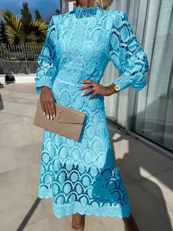 French Style Lace Stand Collar Puff Dresses
